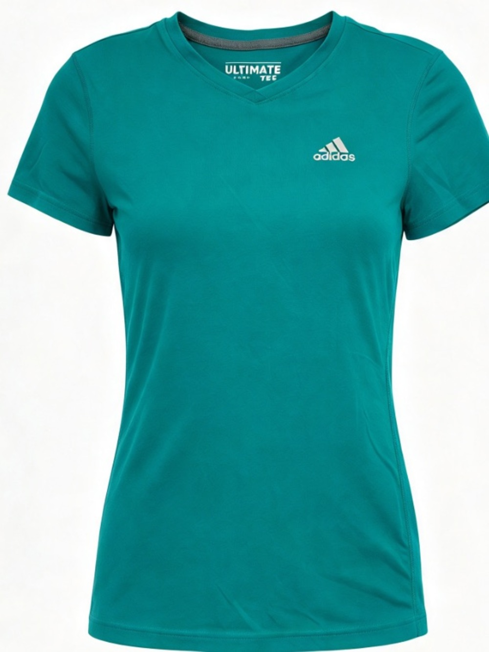 Adidas Climalite Ultimate Tee Teal Green Matte Silver Logo V-Neck Shirt XS